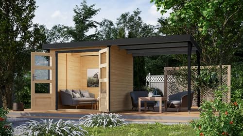 CHILLROI® Hybrid Gartenhaus Hollywood inkl. Fußboden optional mit Anbau Gartenlaube Geräteschuppen Gartenhütte (Naturbelassen mit Anbau) von Chillroi