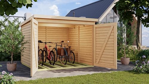 CHILLROI® Karibu Fahrradgarage aus nordischer Fichte für 4 Fahrräder – Wetterfest, 4,6 m² Grundfläche, in Natur oder terragrau optional mit Solaranlage (naturbelassen) von Chillroi