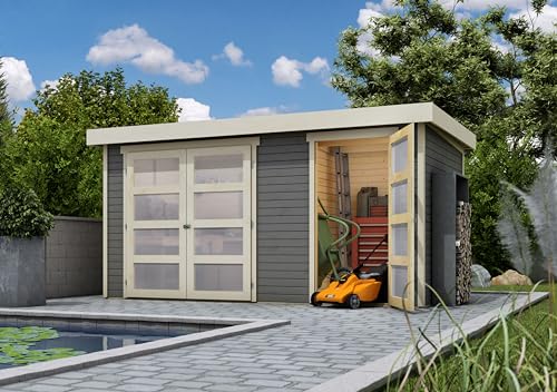 CHILLROI® Karibu Gartenhaus Maluna 1 inkl. Fußboden & Dacheindeckung Gerätehaus Gartenlaube 19 mm Wandstärke (terragrau) von Chillroi