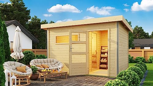 Chillroi® Karibu Saunahaus Helmi Gartensauna Outdoor Dampfkabine naturbelassen/terragrau optional mit Saunaofen (Naturbelassen mit 9KW Bio-Kombiofen) von Chillroi