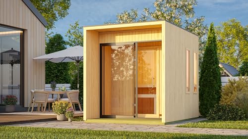 Chillroi Karibu 73 mm Saunahaus Isidora inkl. Saunaofen mit eingebauter Steuerung 9 kW mit Schiebetüren naturbelassen oder schwarz (naturbelassen) von Chillroi