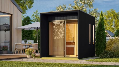 Chillroi Karibu 73 mm Saunahaus Isidora inkl. Saunaofen mit eingebauter Steuerung 9 kW mit Schiebetüren naturbelassen oder schwarz (schwarz) von Chillroi