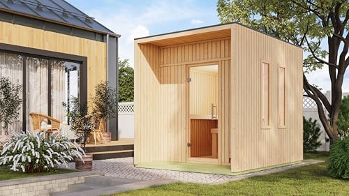 Chillroi Karibu 73 mm Saunahaus Lejana inkl. Saunaofen mit eingebauter Steuerung 9 kW naturbelassen oder schwarz (naturbelassen) von Chillroi