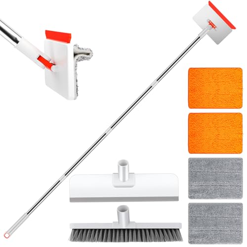 Wandreiniger Fliesenreiniger Gerät，Chilymes Fliesenreiniger Fußleisten Reiniger mit 147cm Aluminium langem Griff, 4 Wiederverwendbare Pads & Bürstenaufsatz Wandfliesen Wischmopp für Bad und Boden von Chilymes