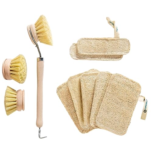 Chinchilla® Set 7 Luffa Schwämme + 1 Spülbürste mit 3 Wechelköpfen | 7 nachhaltige Spülschwämme in versch. Größen | Küchenbürste mit Naturfaserborsten | wiederverwendbar & nachhaltig von Chinchilla