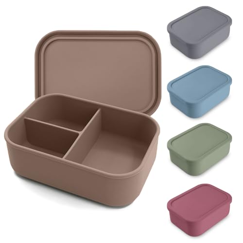 Chingcoo Brotdose mit Fächern, Lunchbox Silikon Brotdose, 800ml Brotdose Schule, BPA freie, Mikrowellen Spülmaschinenfest, Brotdose Kinder mit 3 Fächern, Hellgrau-Beige von Chingcoo