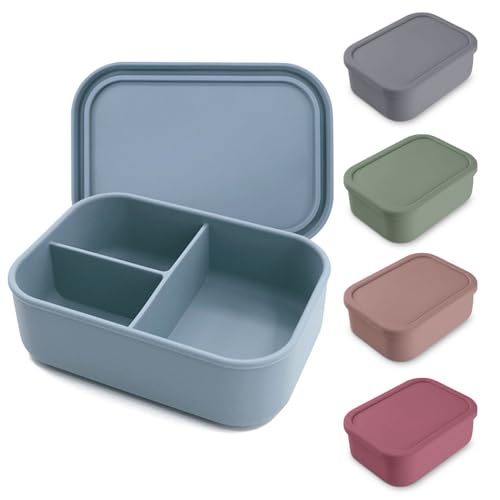 Chingcoo Brotdose mit Fächern, Lunchbox Silikon Brotdose, 800ml Brotdose Schule, BPA freie, Mikrowellen Spülmaschinenfest, Brotdose Kinder mit 3 Fächern, Staubiges Himmelblau von Chingcoo