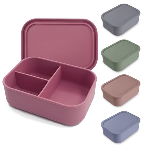 Chingcoo Brotdose mit Fächern, Lunchbox Silikon Brotdose, 800ml Brotdose Schule, BPA freie, Mikrowellen Spülmaschinenfest, Brotdose Kinder mit 3 Fächern, Staubiges Rosa von Chingcoo