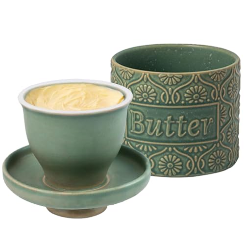 Butterdose Keramik, Butterglocke Keramik, Französische Butterdose mit Wasserkühlung, Butterdosen Wassergekühlt, Buttertopf Porzellan für Frische und Streichfähige Butter(Grün, 6.7oz) von Chingcoo