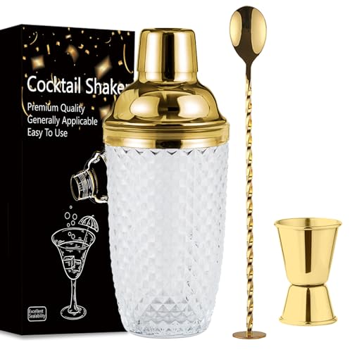Chingcoo Cocktail Shaker 400ml Cocktailshaker Glas Shaker Gold Cocktail Mixer Schaufel Anfänger Barkeeper Kit mit Edelstahl Messbecher Schaufel für Zuhause Bar Fruchtsäfte Getränke von Chingcoo
