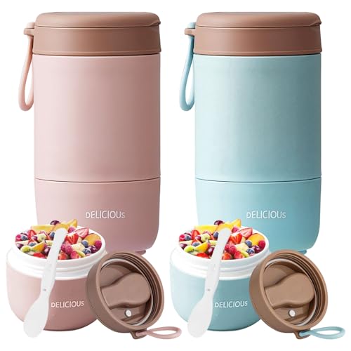 Müslibecher To Go mit Deckel, 2 Stück PP-Material Porridge Becher Joghurtbecher to Go mit Löffel, 780ml Müsli Cup to Go Becher, Doppelschicht Auslaufsicherer Einmachgläser Perfekt für Arbeit, Schule von Chingcoo