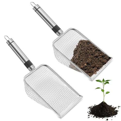 Chingcoo 2 Stück Gartensieb, Kompostsieb, Katzenschaufel Edelstahl, Erdsieb, Gartensieb Erde, Kompostsieb mit Griff Gartensieb, Siebschaufel für Sand Katzenklo Reiniger Scooper (2mm Masche) von Chingcoo