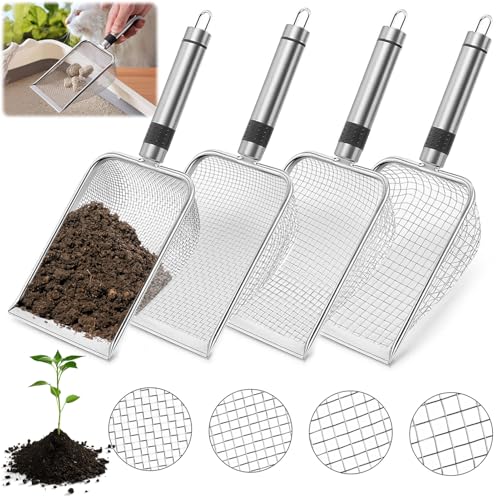 4 Stück Gartensieb, Kompostsieb, Erdsieb, Gartensieb Erde, Kompostsieb mit Griff Gartensieb, Siebschaufel 2/2.8/3.8/5mm Masche, Gartensieb aus Edelstahl, Sieb für Erde Kompost Sand Schotter Katzenklo von Chingcoo