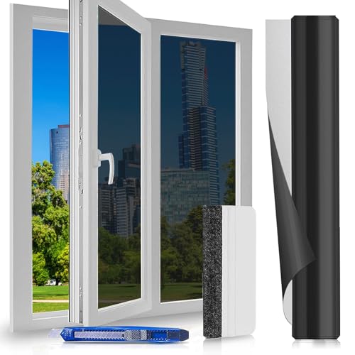 Fensterfolie Sonnenschutzfolie Fenster Innen - 60 x 400 cm - Spiegelfolie Fenster Sichtschutz, Spiegelfolie Selbstklebend, UV-Schutz Sichtschutzfolie Fenster, Hitzeschutzfolie für Büro, Schwarzsilber von Chingcoo