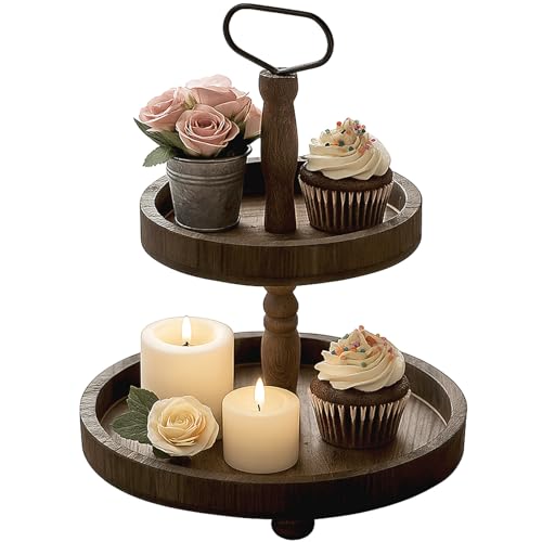 Obst Etagere 2 Stöckig, Vintage Tortenständer Holz Servierständer mit Metallgriff, Rustikales Holztablett Kuchenständer für Kuchen, Obst, Snacks und Deko von Chingcoo