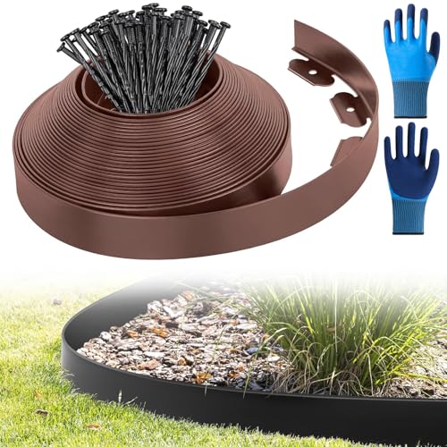 Flexible Rasenkante Kunststoff, mit 50 Erdanker, Beetumrandung Kunststoff, Länge 10m Höhe 5cm (10M*5CM, Braun) von Chingcoo