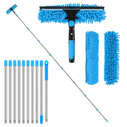 4,5M Teleskop Fensterwischer Abzieher Set, 2-in-1 Fensterreiniger Set mit 10 Verlängerungsstangen Gummiwischer und Mikrofasertuch, Ideal für Innen & Außen, Hochfenster, Wand, Auto von Chingcoo