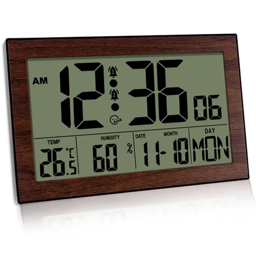 Wanduhr Digital mit Temperaturanzeige und Feuchtigkeitsanzeige,Digitale Wanduhr Batteriebetrieben,Luftfeuchtigkeit Wecker 12/24 Stunden für Schlafzimmer, Wohnzimmer, Büro Schule (Braun) von Chingcoo