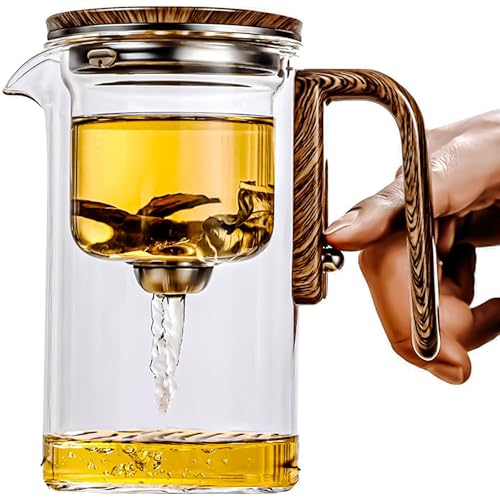 Chinimon Tea Pot, Water Separation Glass Teapot with Wooden Handle, Press Control Magic Tea Pot, Magic Glass Teapot with Strainer für Die Zubereitung Von Kungfu Tee und Kaffee(720 ml(15.5 x 8.5 cm)) von Chinimon