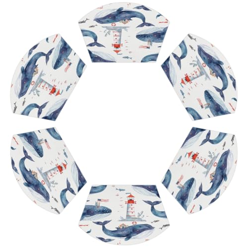 Cartoon Wal Leuchtturm PVC Keil Tischsets für runden Tisch 6er Set Hitzebeständige Esstischmatten Waschbar rutschfest Platzsets Cartoon Wal Leuchtturm PVC Keil Tischsets für runden Tisch 6er Set Hitzebeständige Esstischmatten Waschbar rutschfest Platzsets von Chintiz