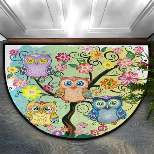 Chintiz Halbrunde Fußmatte mit Baum-Blume, Eule, 91,4 x 61 cm, weich, saugfähig, Eingangsteppich mit rutschfester Unterseite, für Eingangsbereich, Schlafzimmer, Küche, Büro von Chintiz