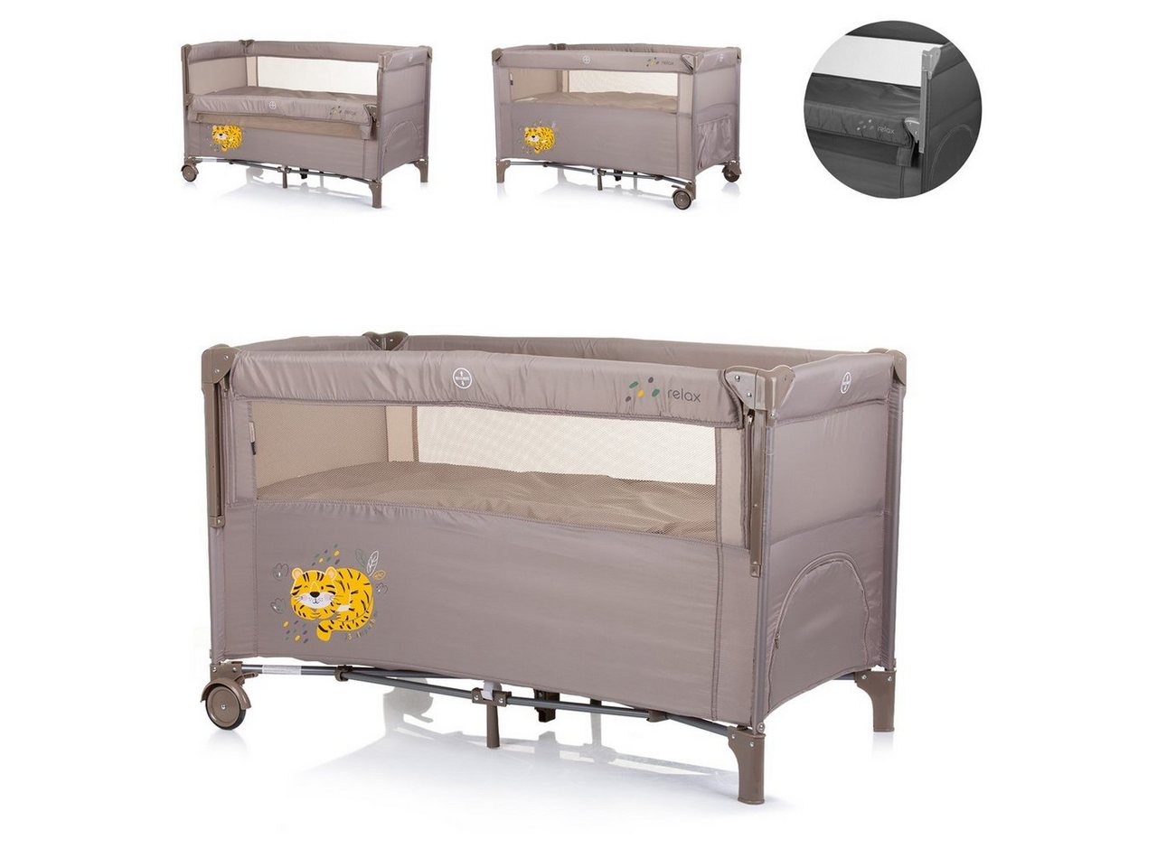 Chipolino Baby-Reisebett Reisebett Relax 2 Ebenen, Vorderseite absenkbar, Seiteneingang, Tasche von Chipolino