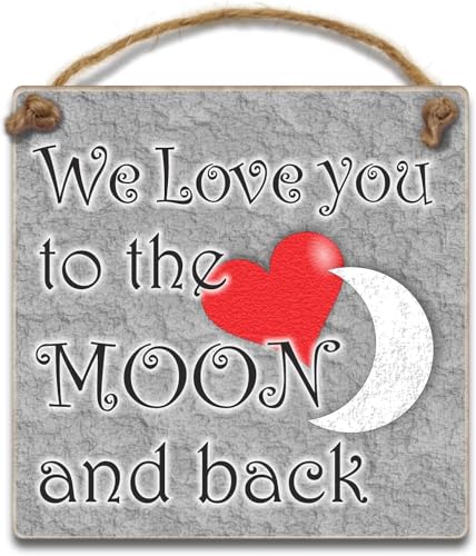 Wandschild "We Love You To The Moon And Back", 10 cm, Grau, Sentimental Caring von Chirpy & Goose