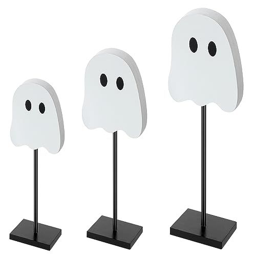 3 Stück Halloween Stehtisch Dekor Holz Tiered Tablett Tischdekorationen Katze Geist Candy Mais Tisch Mittelstück Hoch Block Schild Set für Halloween Party Zuhause (Geist) von Chitidr