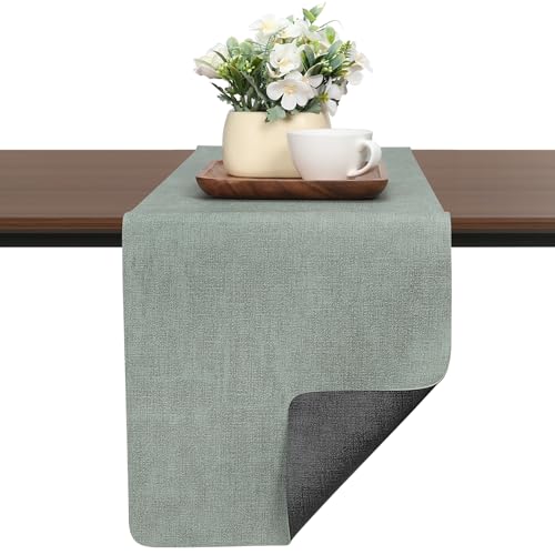 Chitomars Tischläufer Kunstleder, Tischläufer Modern Doppelseitigen rutschfest Hitzebeständig Tischläufer Abwaschbar Outdoor Tischläufer für Hochzeit Geburtstag Tischdeko(Grau Salbeigrün,40x240cm) von Chitomars