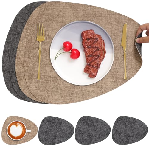 Chitomars Tischsets Kunstleder und Untersetzer, Tischsets Abwaschbar Doppelseitigen rutschfest Platzsets Rund Lederoptik Platzdeckchen Teller Untersetzer (4er Set, Grau Beige) von Chitomars