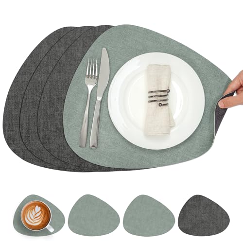 Chitomars Tischsets Kunstleder und Untersetzer, Tischsets Abwaschbar Doppelseitigen rutschfest Platzsets Rund Lederoptik Platzdeckchen Teller Untersetzer (4er Set, Grau Salbeigrün) von Chitomars