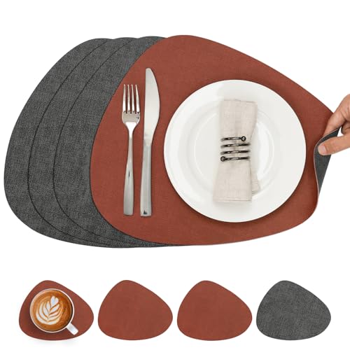 Chitomars Tischsets Kunstleder und Untersetzer, Tischsets Abwaschbar Doppelseitigen rutschfest Platzsets Rund Lederoptik Platzdeckchen Teller Untersetzer (4er Set, Grau Terrakotta) von Chitomars