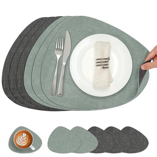 Chitomars Tischsets Kunstleder und Untersetzer, Tischsets Abwaschbar Doppelseitigen rutschfest Platzsets Rund Lederoptik Platzdeckchen Teller Untersetzer (6er Set, Grau Salbeigrün) von Chitomars