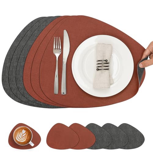 Chitomars Tischsets Kunstleder und Untersetzer, Tischsets Abwaschbar Doppelseitigen rutschfest Platzsets Rund Lederoptik Platzdeckchen Teller Untersetzer (6er Set, Grau Terrakotta) von Chitomars