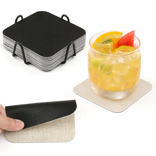 Chitomars Untersetzer Gläser 12er Set, Doppelseitige Untersetzer für Gläser rutschfest Glasuntersetzer Getränkeuntersetzer Kunstleder Untersetzer Glas Untersetzer-Set mit Halter (Cremeweiß Schwarz) von Chitomars
