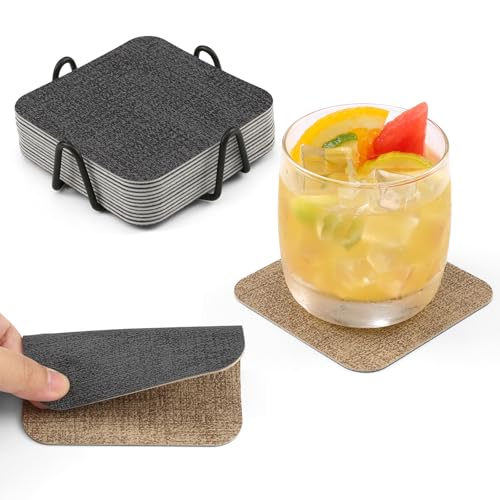 Chitomars Untersetzer Gläser 12er Set, Doppelseitige Untersetzer für Gläser rutschfest Glasuntersetzer Getränkeuntersetzer Kunstleder Untersetzer Glas Untersetzer-Set mit Halter (Grau Beige) von Chitomars