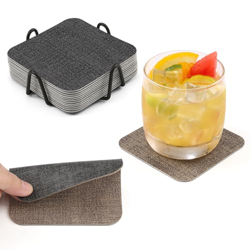 Chitomars Untersetzer Gläser 12er Set, Doppelseitige Untersetzer für Gläser rutschfest Glasuntersetzer Getränkeuntersetzer Kunstleder Untersetzer Glas Untersetzer-Set mit Halter (Grau Braun) von Chitomars