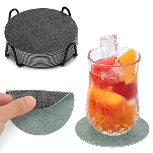 Chitomars Untersetzer Gläser 12er Set, Doppelseitigen Leder Untersetzer Rund rutschfest Glasuntersetzer Abwaschbare Getränkeuntersetzer Kunstleder Glas Untersetzer-Set (Grau Salbeigrün, Rund) von Chitomars