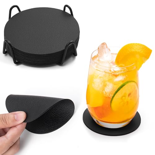 Chitomars Untersetzer Gläser 12er Set, Doppelseitigen Untersetzer Gläser Glasuntersetzer Getränkeuntersetzer rutschfest Untersetzer Leder Kunstleder Untersetzer Lederoptik Untersetzer (Schwarz) von Chitomars