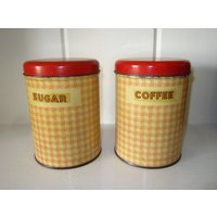 Vintage Blechdosen Rot Gingham Karo Muster Behälter - Kaffee Und Zucker Aufkleber 2Er Set von Chitownexpress