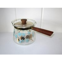 Vintage Glas Kaffeekanne Mit Holzgriff - Libbey David Douglas Gold & Aqua Pinecone 1 Quart Flammenfest 1/4 Messuhr von Chitownexpress