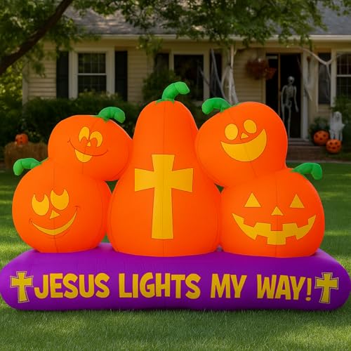 Chivao 1,5 m Christliche Halloween Aufblasbare Kürbisse Dekoration für Außen Beleuchtete Kürbisse Blow Up Yard Decor Jesus Lichter My Way Aufblasbares Halloween mit LED für Outdoor Garten Rasen Urlaub von Chivao