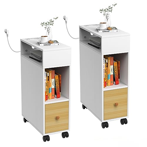 Chleby 2er Nachttisch Schmal Nachttische mit Rollen Beistelltisch mit 1 Schublade Schmaler Nachtschrank Hoher Nachttisch mit Ablagefächern 25x50x70cm von Chleby