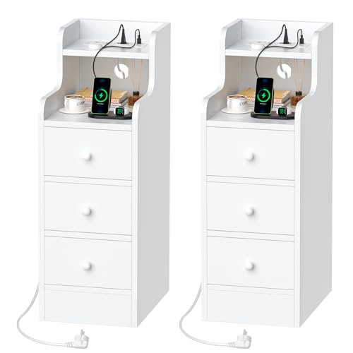 Chleby Nachttisch Schmal mit Ladefunktion, Nachtschrank mit 2 Steckdosen 2 USB-Anschlüssen, Beistelltisch mit 2 offenen Ablagen und 3 Schublade, 25x45x70cm, Nachtkästchen Weiß von Chleby