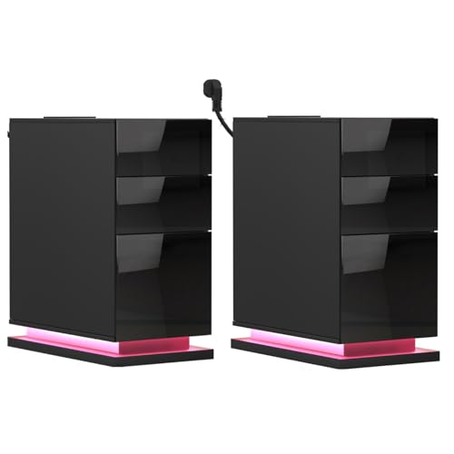 Chleby 2er Set Modern Hochglanz-Nachttisch Schmal Schwarz Nachttisch mit Ladefunktion Schmaler Nachttische Beistelltisch mit 3 Schublade von Chleby
