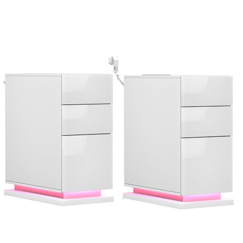 Chleby 2er Set Nachttisch mit LED-Beleuchtung, Beistelltisch Nachtschrank mit Ladestation, 2 AC-Steckdosenund 2 USB-Anschlüsse, Nachttische mit 3 Schublade Chleby 2er Set Nachttisch mit LED-Beleuchtung, Beistelltisch Nachtschrank mit Ladestation, 2 AC-Steckdosenund 2 USB-Anschlüsse, Nachttische mit 3 Schublade von Chleby