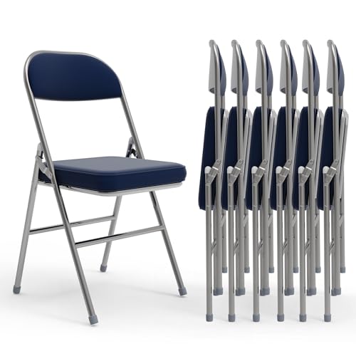 Chleby 6er Set Klappstuhl aus Leder und Metall, Klappstühle mit Dickes Kissen, Campingstuhl bis 175 kg, Klappbare Esszimmerstühle für Küche, Drinnen, Draußen, Konferenzraum Dunkelblau von Chleby