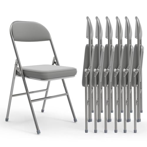 Chleby 6er Set Klappstuhl aus Leder und Metall, Klappstühle mit Dickes Kissen, Campingstuhl bis 175 kg, Klappbare Esszimmerstühle sind geeignet für Küche, drinnen, draußen, Konferenzraum Grau von Chleby