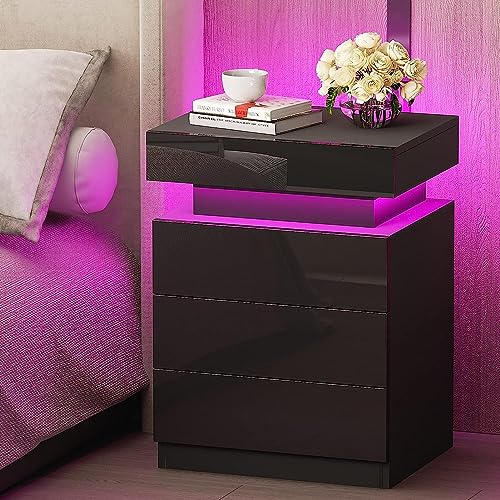 Chleby Modern Hochglanz-Nachttisch, Nachttische Schwarz Kommode Beistelltische mit 3 Schubladen für Schlafzimmer, Wohnzimmer von Chleby