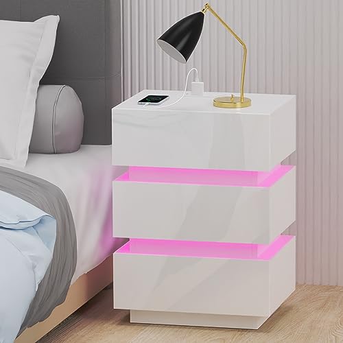 Chleby Modern Hochglanz-Nachttisch mit Steckdose Weiß LED Nachttische Kommode Beistelltische mit 3 Schubladen für Schlafzimmer, Wohnzimmer von Chleby